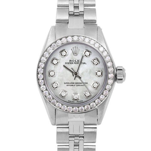 Rolex Oyster Perpetual Ladies 24 mm 6700 with Custom White Mother of Pearl Diamond Dial and Custom 1ct Diamond Bezel on Stainless Steel Rolex Jubilee Folded Band