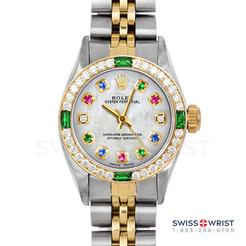 Rolex Ladies Oyster Perpetual Mother Of Pearl Rainbow Dial Emerald Diamond Bezel Watch